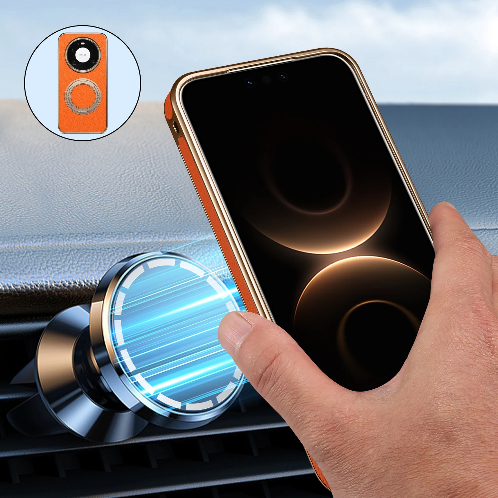 Denior Litchi Grain Faux Leather Phone Case with 360° Rotating Stand Holder