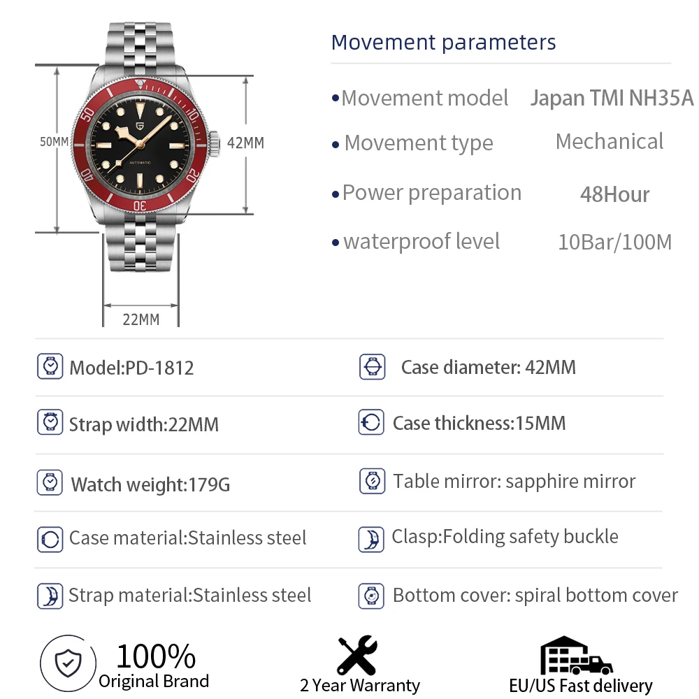 PAGANI DESIGN BB58 Jubilee Bracelet Men's Mechanical Watch Retro Automatic Watch For Men Stainless steel Wrist watch