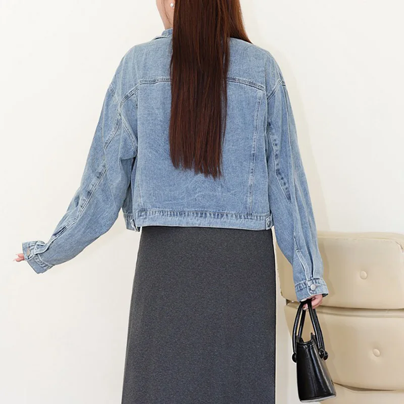 Plus Size Women's Short Jacket Premium Light Blue Loose Denim Coat Single Breasted Jean Preppy Style Autumn 2025