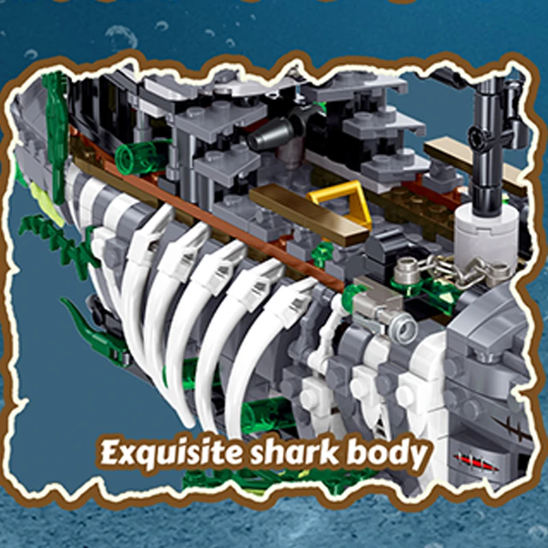 Shark Pirate Ship Building Blocks 1155PCS Creative Sea Ghost Ship Model With Light Kids Educational DIY Toy Gifts