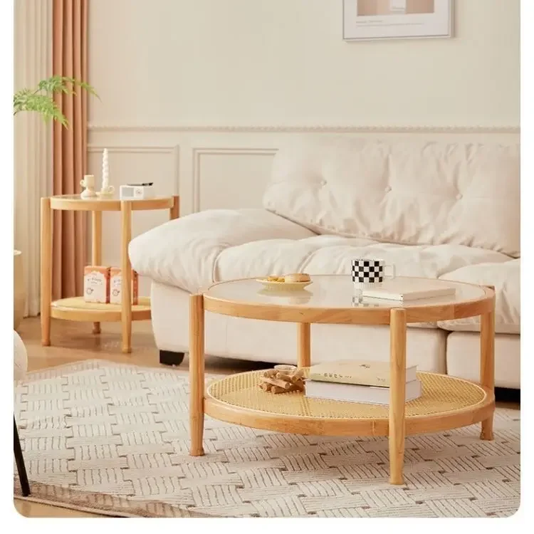 

Nordic Living Room Tables Small Apartment Nordic Solid Wood Rattan Weaving 2-layer Round Simple Tempered Glass Coffee Table