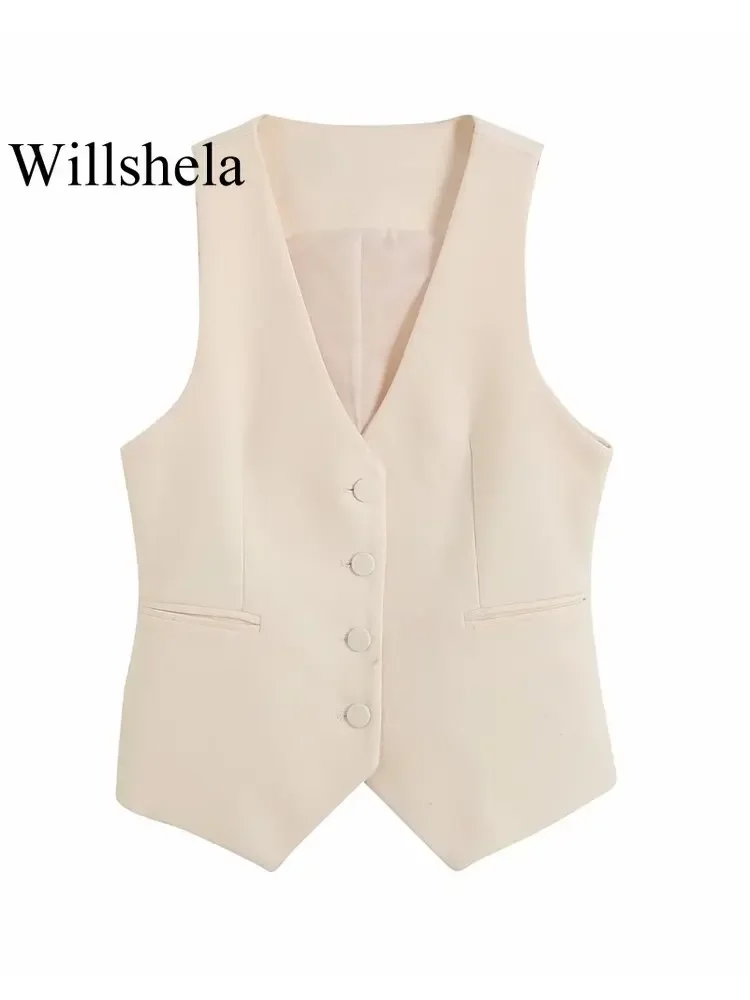 Willshela Women Fashion With Pockets Single Breasted Sleeveless Jacket Vintage V-Neck Vest Female Office Lady Waistcoats
