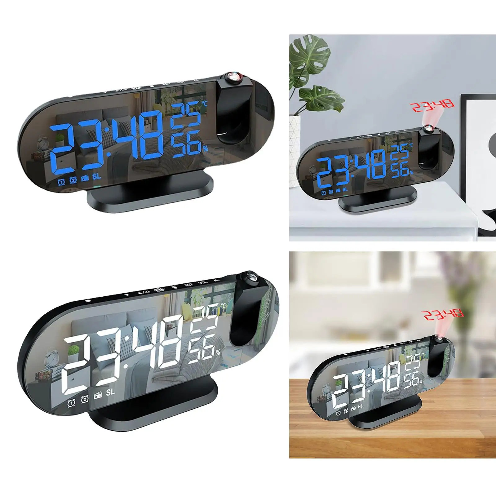 Electronic Digital LED Mirror Alarm Clock Projector USB Rechargeable Temperature 5