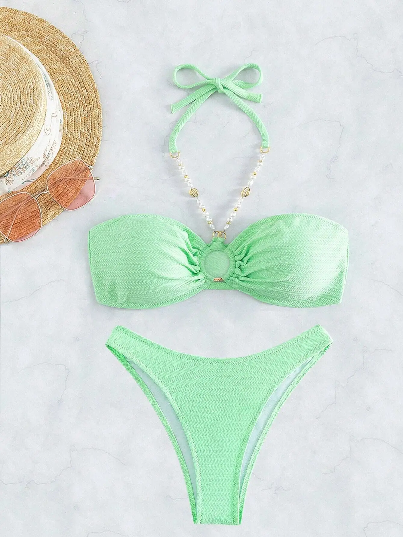 Ribbed Halter Pearls Bikini Women Bandeau Bikinis Swimwear Female Swimsuit Two-pieces Bikini Set Bathing Suit Swim Beach Wear