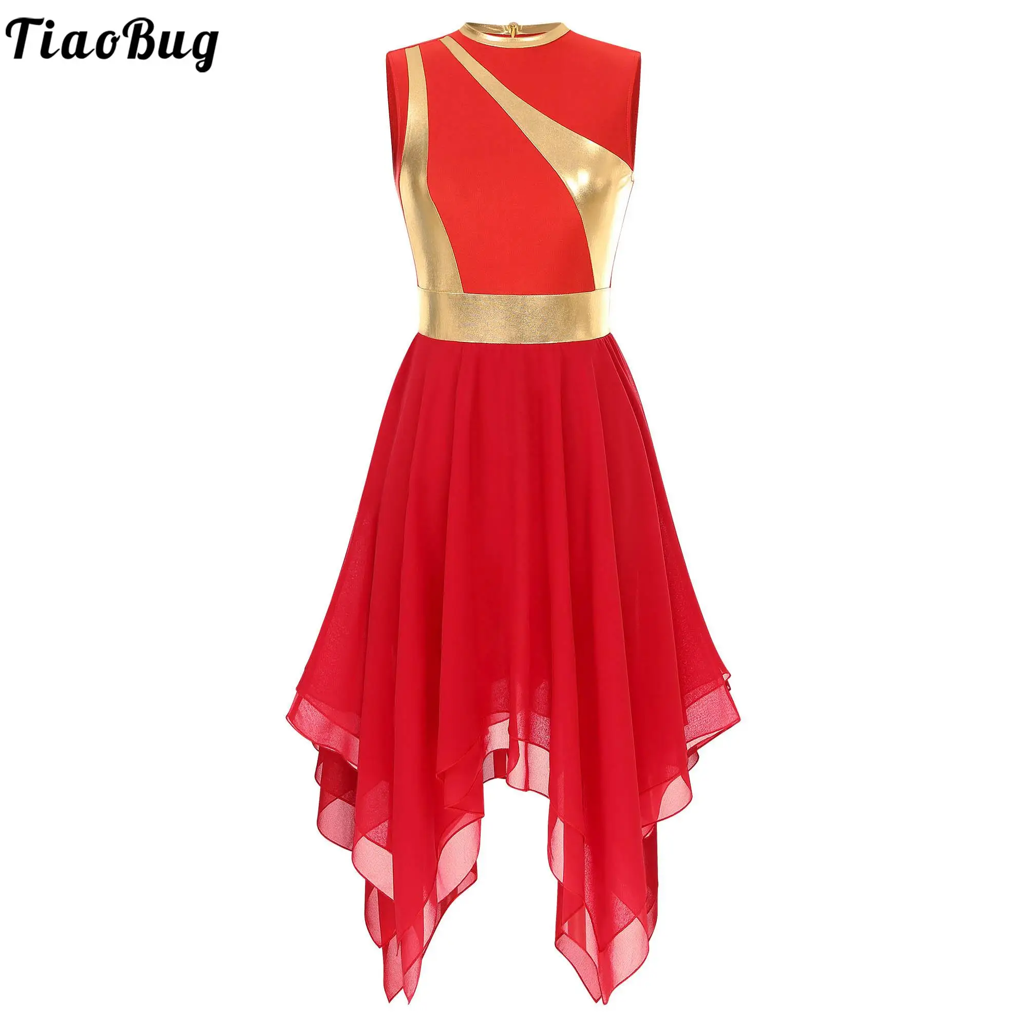 

Womens Color Block Irregular Hem Modern Lyrical Dance Costume Dresses Sleeveless Invisible Zipper Back Dress Ballet Dancewear