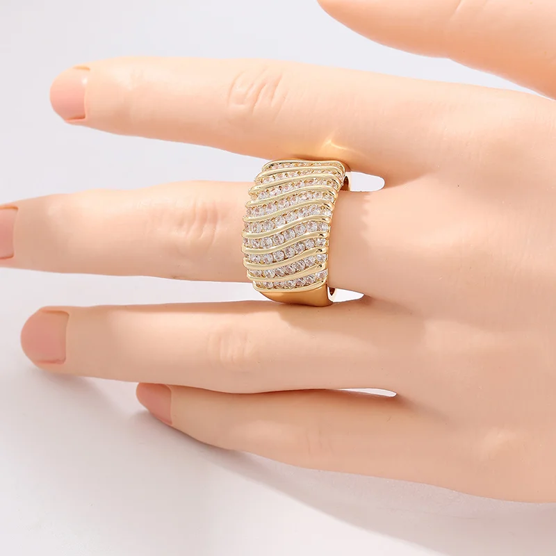 Golden Wide Band Chunky Statement Ring with Synthetic Cubic Zirconia