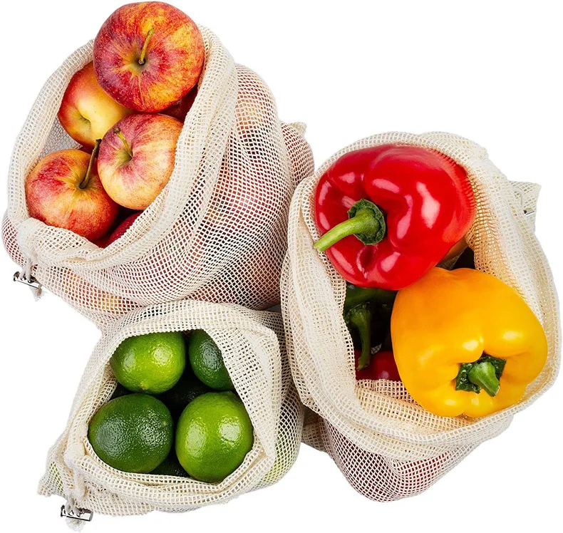 Reusable Cotton Mesh Produce Storage Bags with Drawstring for Fruits and Vegetables