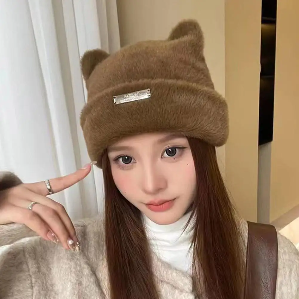 Lovely Iron Label Decorative Beanie Hat With Ears Warm Plush Cat Beanie Winter Faux Fur Elastic Knitted Hat Women Outdoor women hat woolen hat led beanie hat