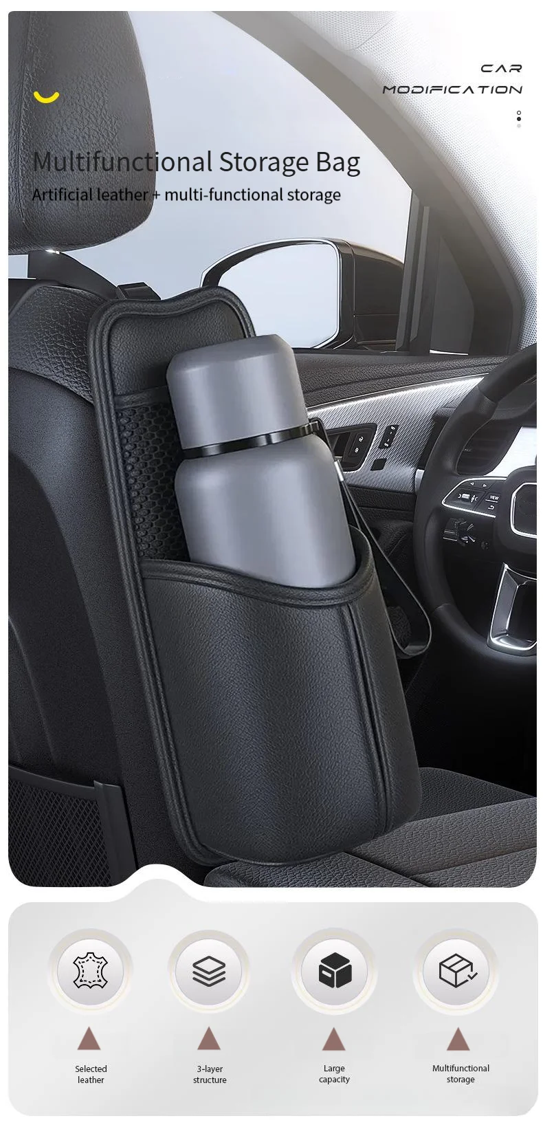 2-in-1-Auto-Aufbewahrungstasche, verschleißfest, PU-Leder, Sitzseite, Taschentuchhalter/Getränkehalter, hängender Auto-Organizer, universelles Aufbewahrungsnetz – Detail 1