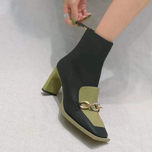 Retro Women Ankle Boots Office ladies dress shoes woman Genuine Leather knitting Square Toe High Heels Shoes Woman Autumn Winter 2