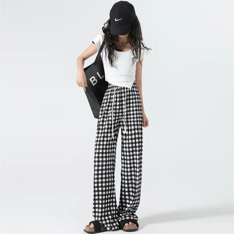 

Women's Elastic Waist Plaid Pants Summer New Simple Straight Leg Casual Straight Leg Wide Leg Thin Style Trousers Female
