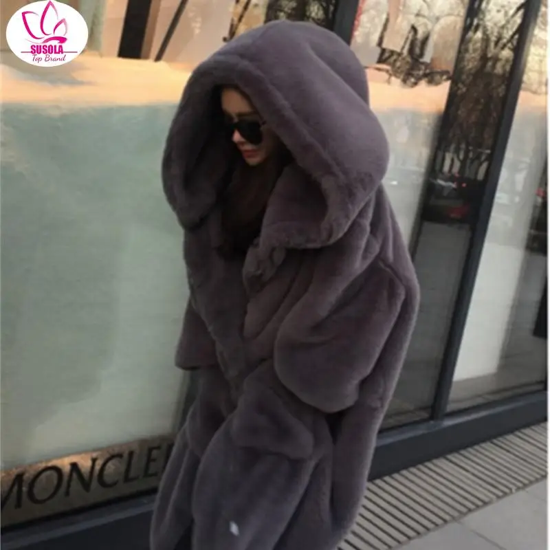 

SUSOLA Winter Warm Hooded Large Size Medium Length Solid Color Fur & Faux Fur Women Lady New Casual Long Sleeve Women Fur Coat