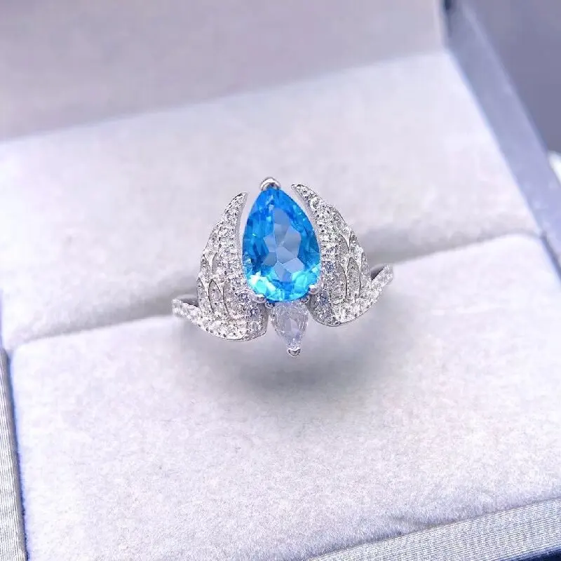 

Best Seller Gemstone Jewerly Ring With Genuine Switzerland Blue Topaz Gemstone 6*9mm Silver Ring For Wedding Party Lady Gift