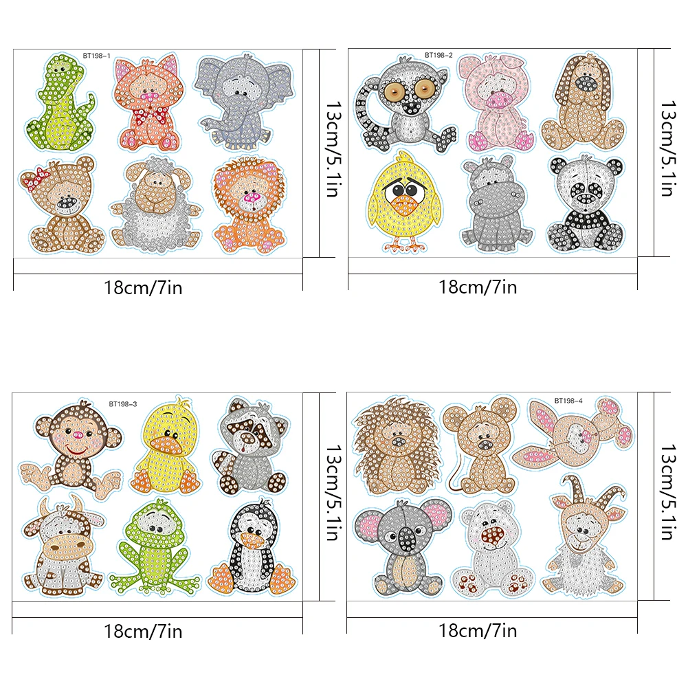 24pcs Animal Gem Sticker Diamond Painting Stickers Kits Art Crafts Handmade DIY Cartoon Stickers for Kids Beginner Children Gift