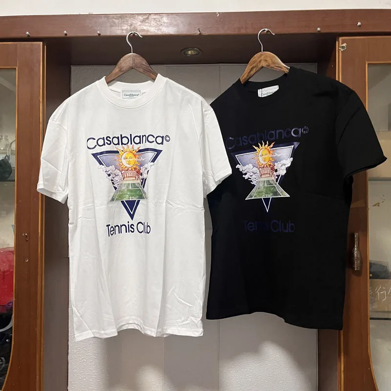 

Casablanca T-shirt American High Street Sun Moon Letter Print Casablanca Cotton Casual Breathable Short Sleeve T Shirt Men Women