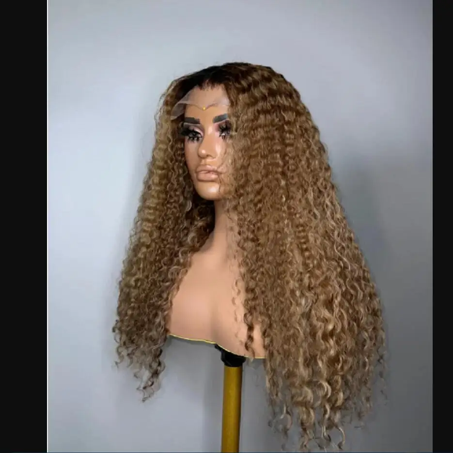 

26" PrePlucked 180 Density Natural Ombre Brown Blonde Kinky Curly Lace Front Wig For Black Women With Babyhair Lace Frontal Wigs