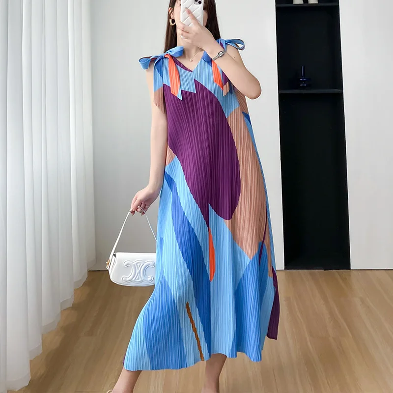 

Miyake Printed Loose Temperament Slim Fit Casual Thin and Comfortable Dress Women 2023 Summer New Pleated Luxury Evening Dresses