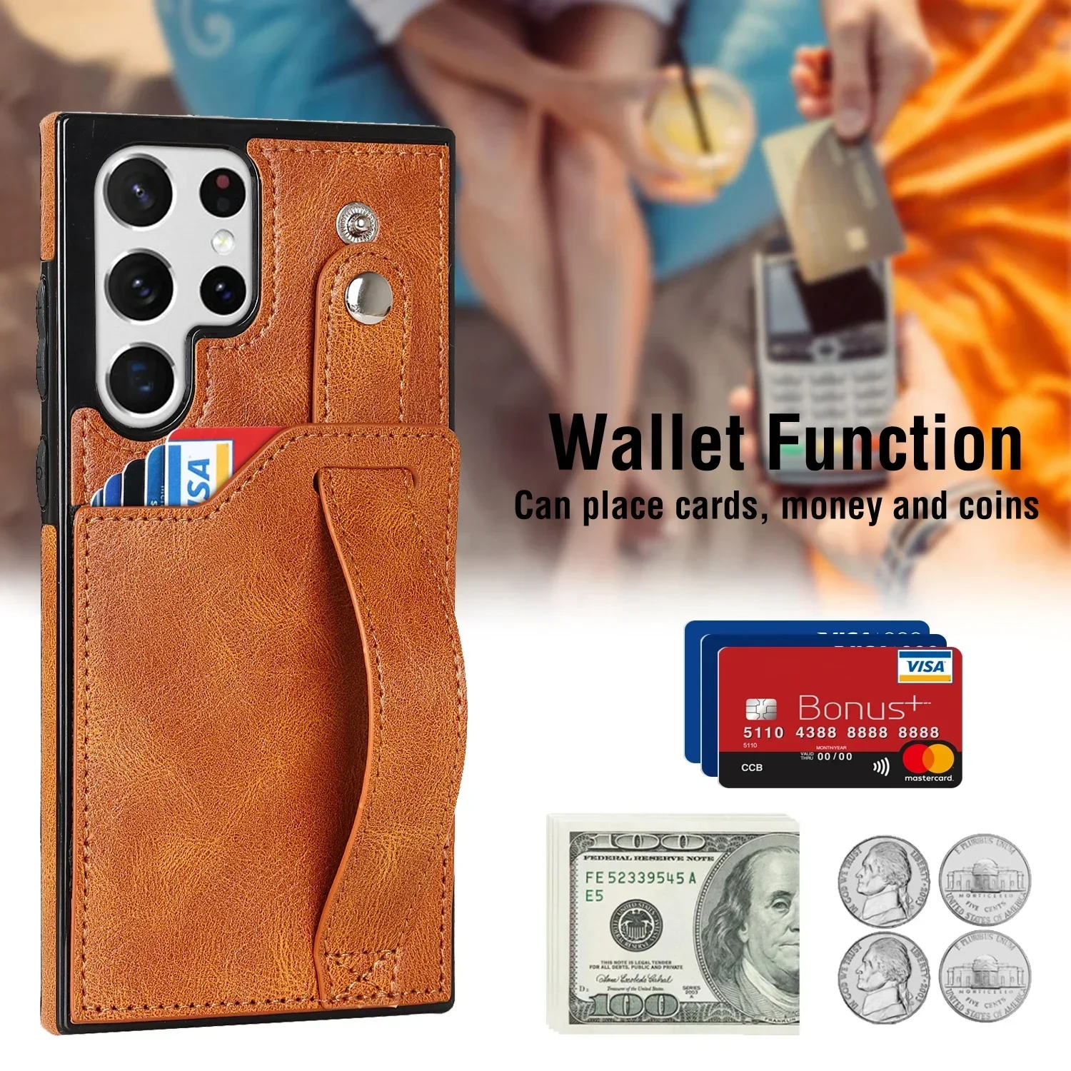 Wrist Strap Leather Phone Case with RFID Card Holder and Back Cover