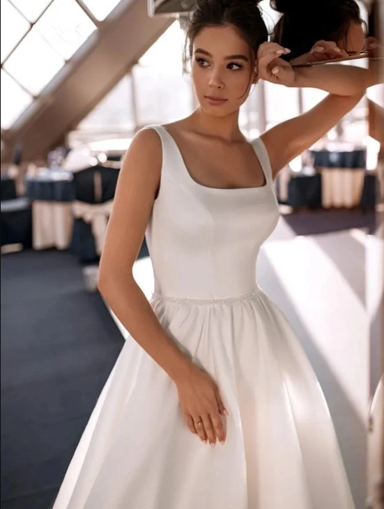 Simple Boat Neck Sleeveless Backless Floor Length Satin Princess Wedding  Dress | eBay