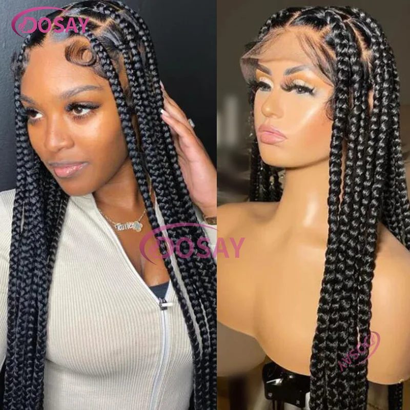 

36inch Larger Knotless Braided Wigs Jumbo Box Braids 360 Full Lace Wig Black Women Goddess Synthetic Faux Locs Braid Lace Wigs