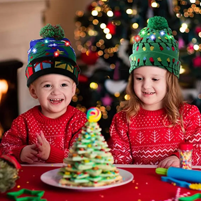 Adults Children Christmas Hat Glowing LED Christmas Knitted Hat Santa Claus Tree Elk Gift