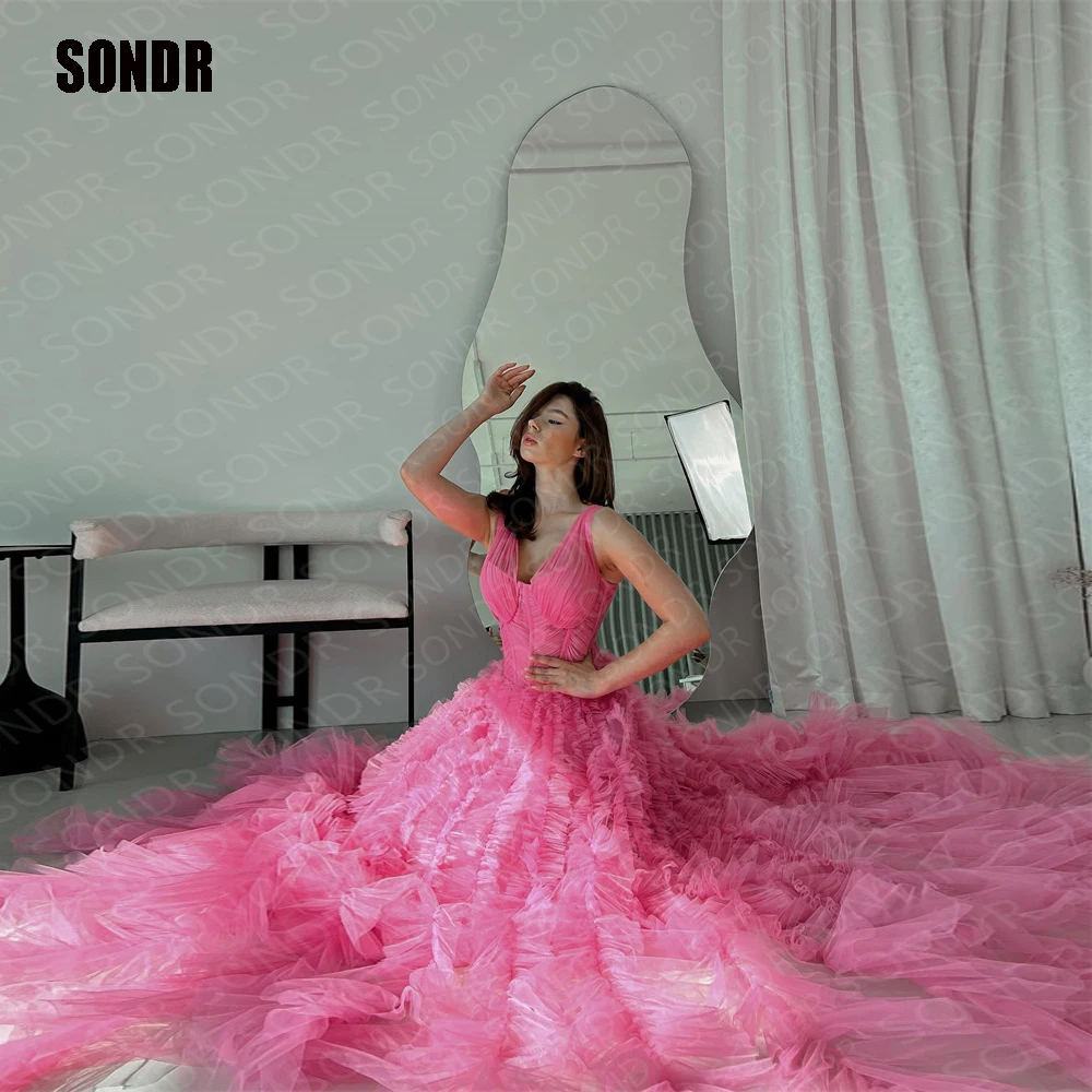 

SONDR Sweet Pink Long A Line Evening Dresses V Neck Sleeveless Celebrity Club Night Party Dresse Tiered Robes De Soiré 2023