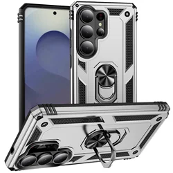 Durable Shockproof Phone Case with Metal Stand and Dual Layer Protection - S24 FE (Silver)