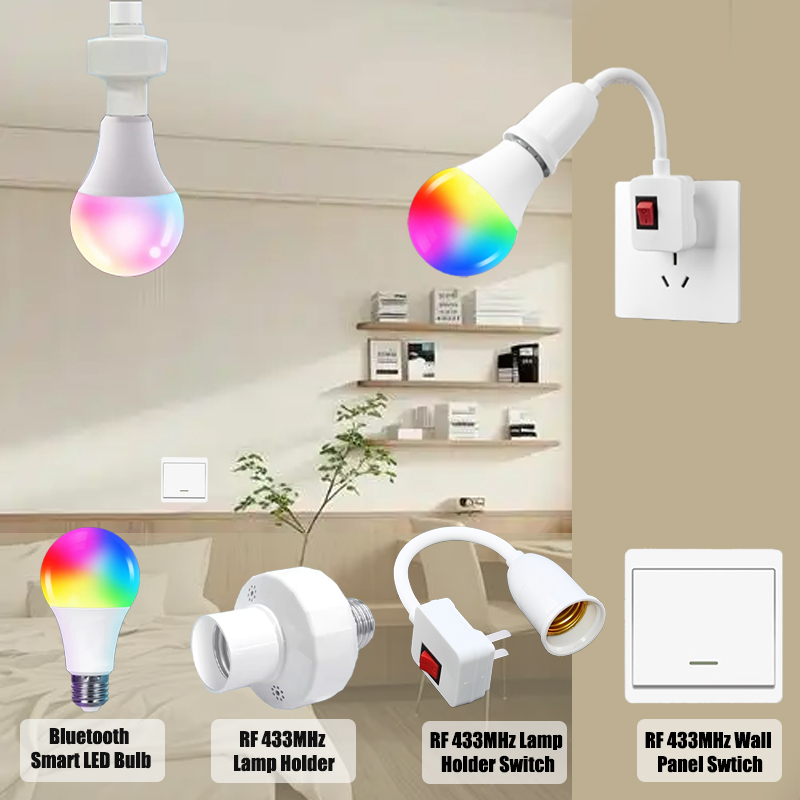 Smart Bluetooth & 433MHz E27 Bulb Lights with Remote Control RF Lamp Holder TUYA Wireless Wall Light Switch AC 220V Lamp Socket