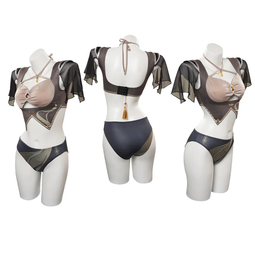 

Genshin Impact Zhongli Cosplay Female Bikini Split Swimsuit Girls Summer Swimwear Halloween Carnival Party Role Disguise Costume
