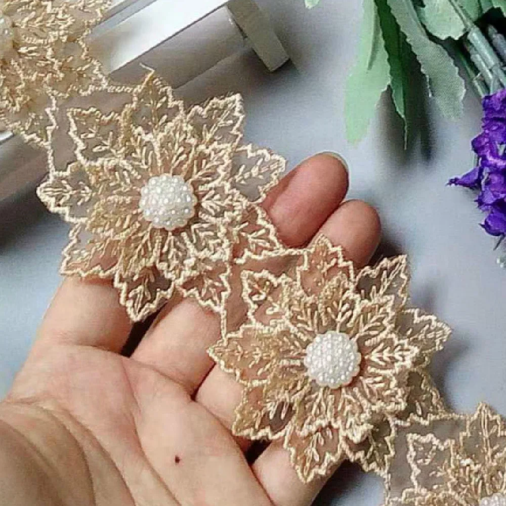 1 yard Glod Pearl Beaded Embroidered Flower Lace Ribbon Trim Floral