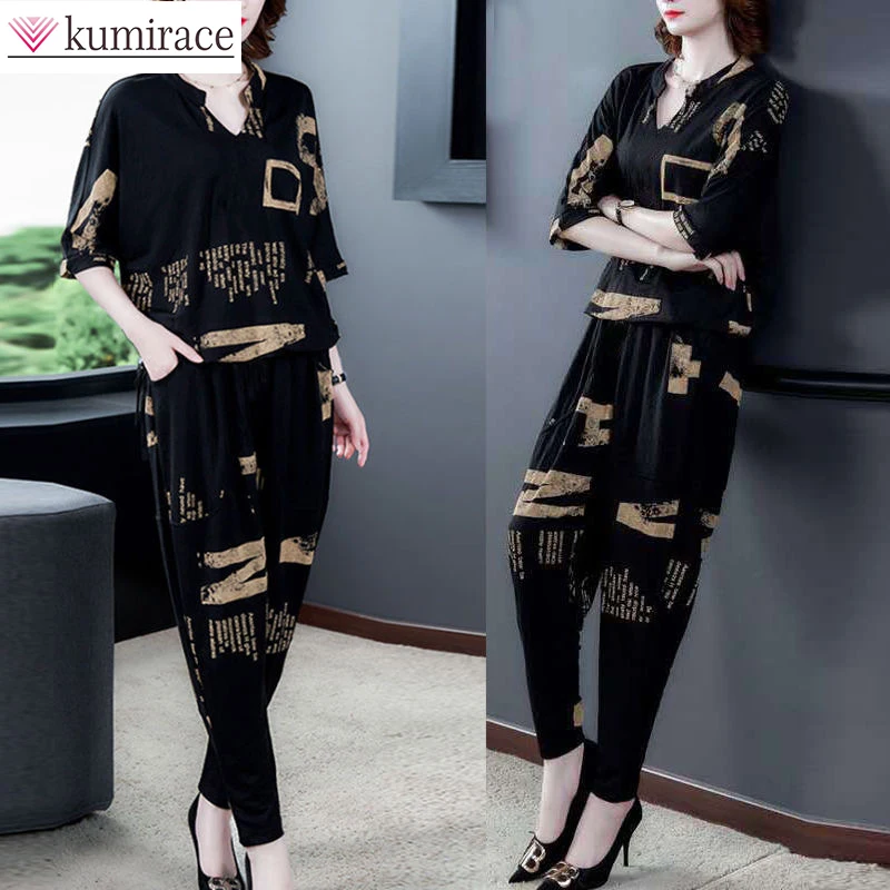 

2022 Summer New Large Suit Elegant Women Loose Slim Casual Wear Medium Sleeve Printed V-neck T-shirt Harlan Pants Two Piece Set
