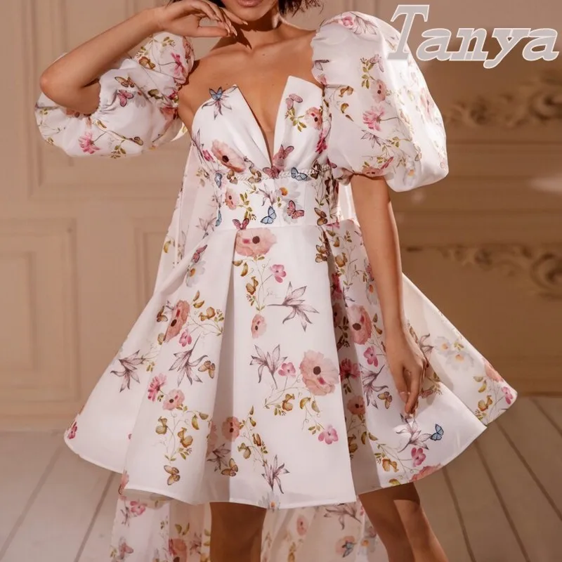 

Fancy Above Knee Wedding Dress Strapless Detachable Short Puff Sleeves Lace Up Back Bridal Gown Floral Print Bride Dress SWD607