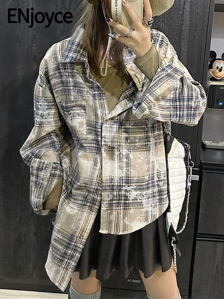 

Женская винтажная рубашка в клетку, Повседневная Свободная блузка в Корейском стиле с длинным рукавом, модель Y2K на весну и осень, 2024