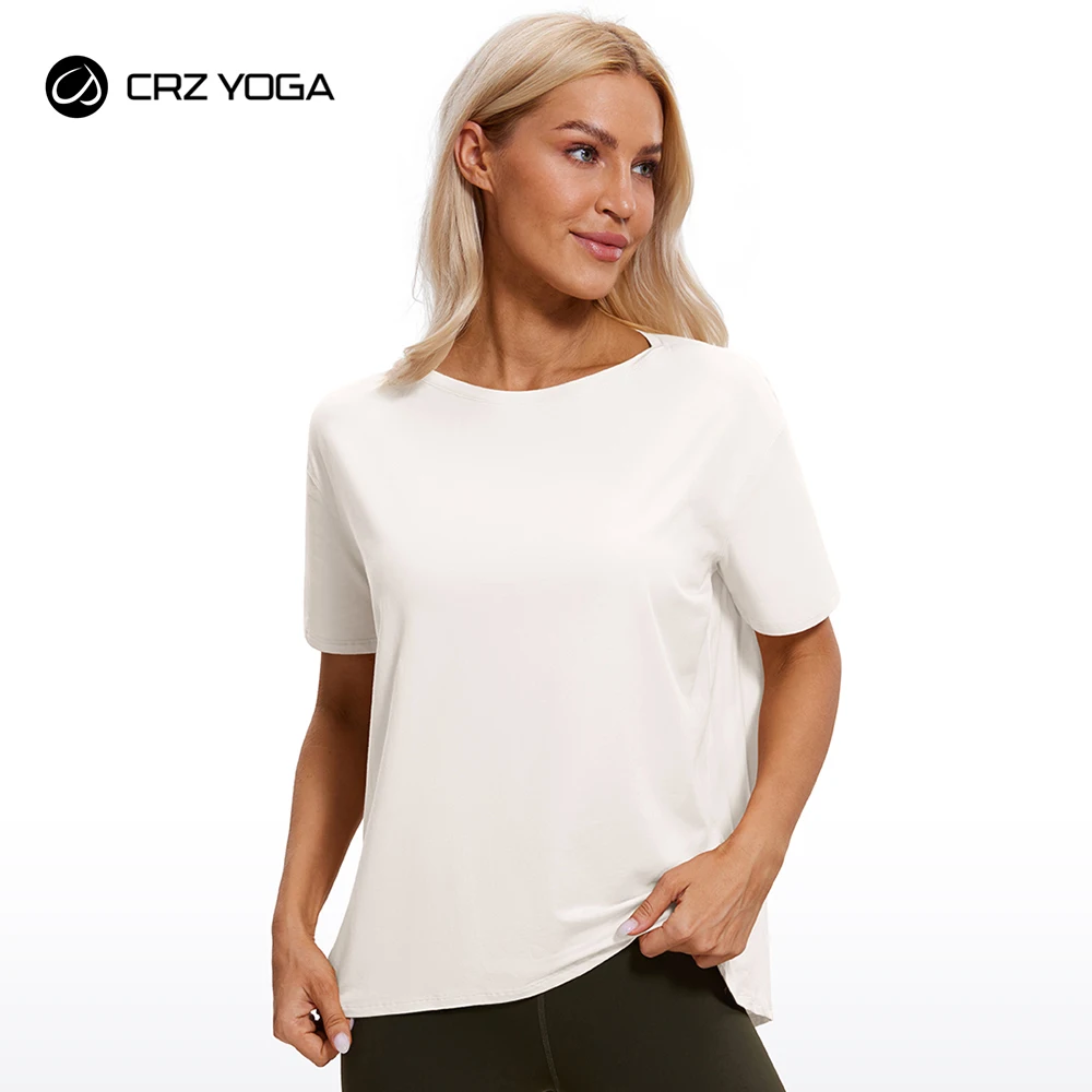 CRZ YOGA Women's Pima Cotton Short Sleeve Shirts Loose Fit Gym Workout T-Shirt Athletic Casual Tops