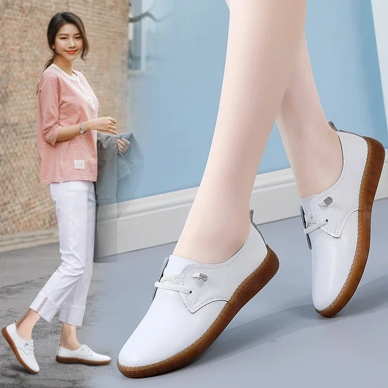 Genuine leather bean shoes for women in spring  new soft soled small white shoes, non-slip casual small leather shoes 3