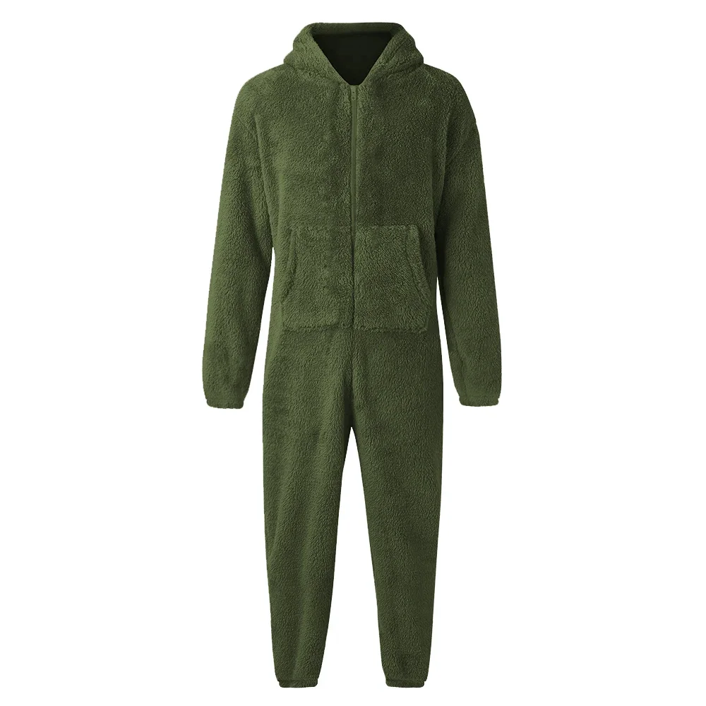 Men New Thick Warm Hooded Pajamas Winter Adult Casual Jumpsuits Couple Zipper Fleece Slim Sleepwear Nightgown Youth Loungewear