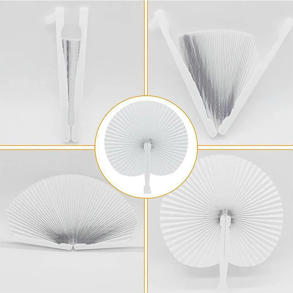 50-1pcs Heart Shape Circular Folding Fan Blank Paper Hand Fans With Plastic Handles DIY Painting Fan for Wedding Party Decor