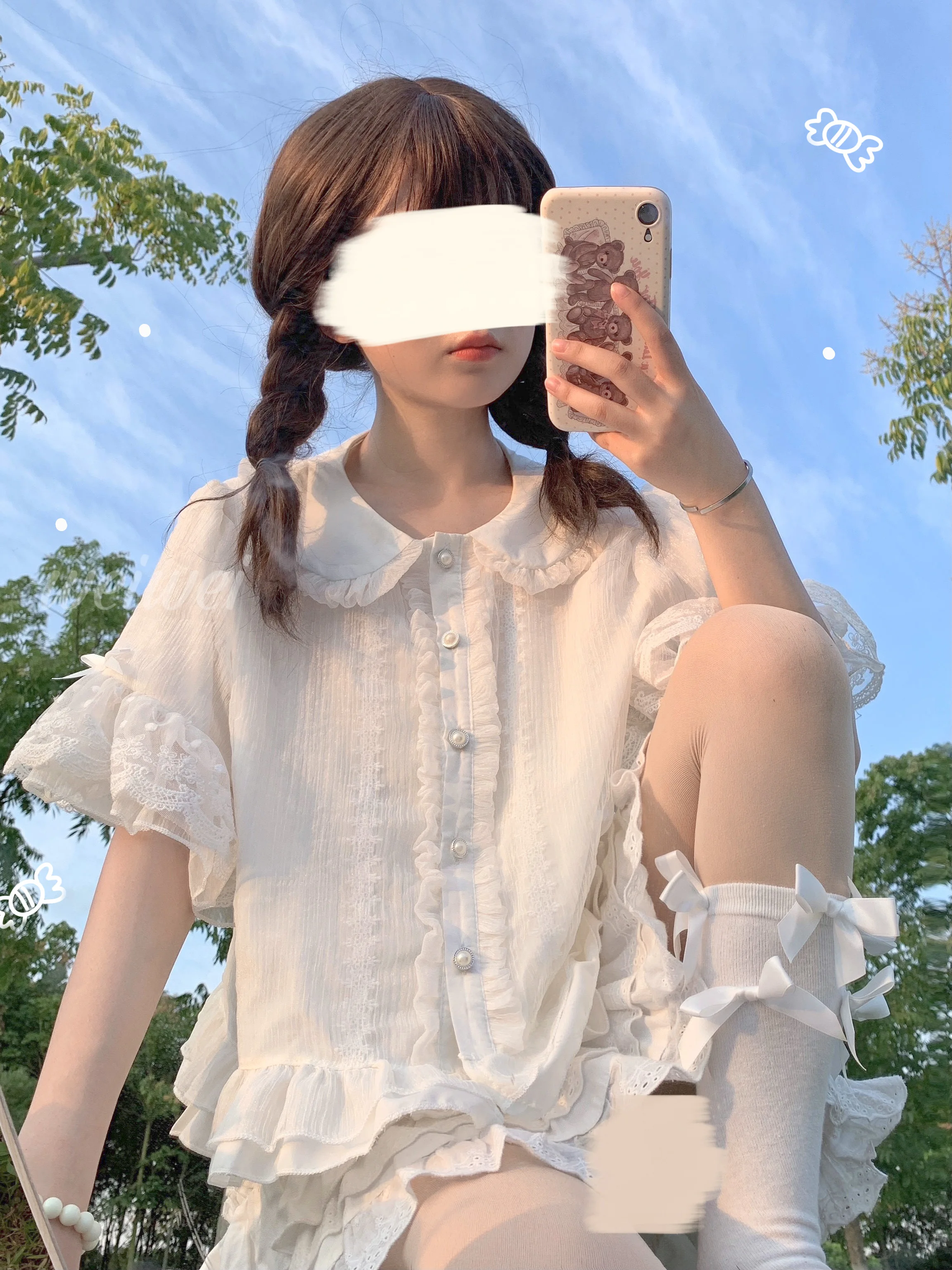 

Japanese Kawaii Lolita Blouses Women Sweet Cute Peter Pan Collar Bunny Ears JK Shirts Girls Chic Lace Flare Sleeve Blusas Mujer