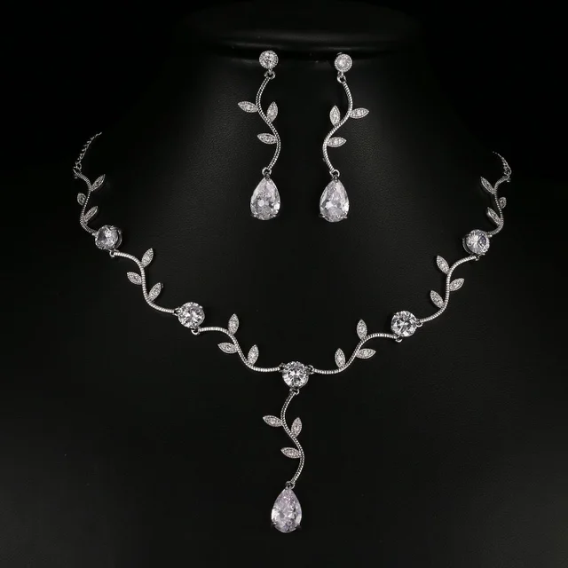 Silber Farbe Zirkonia Kristall Brautschmuck Sets Blattform Halsband Halskette Ohrringe Hochzeit Ornament für Frauen Verlobungsgeschenk 1