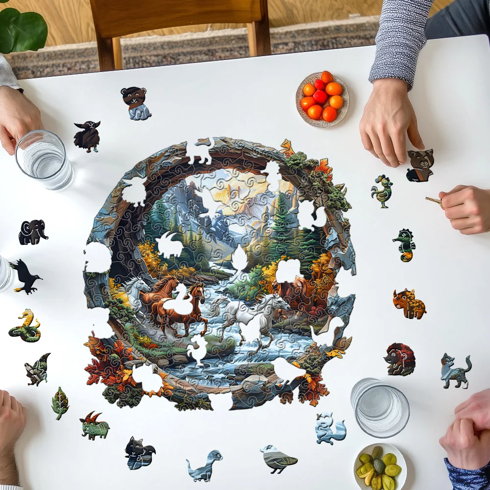 Wooden Puzzles for Adults, 3D Visual Effects Running Horses Wooden Jigsaw Puzzles for Adult, Wood Adult, Cool