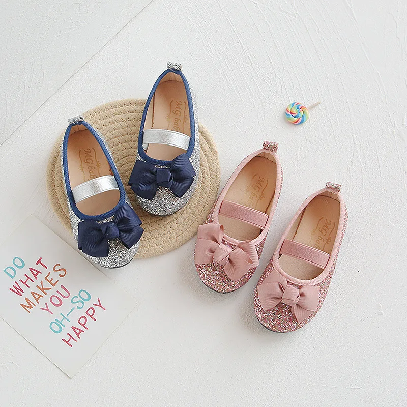 Bling Princess Shoes Fashion Spring Girls Shoes Flat Glitter Bowtie Children Flats Kids Shallow Baby Single Toddlers