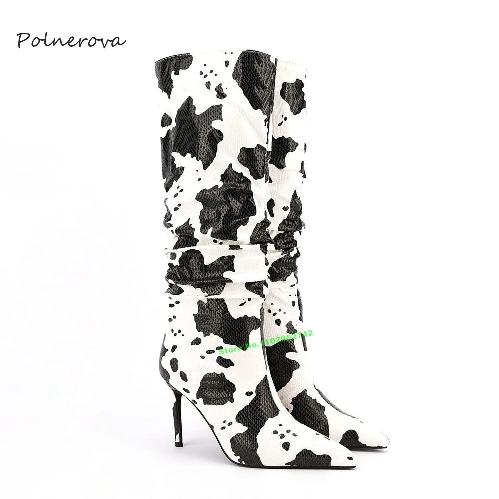

Fashion Cow Printed Knee High Boots Pointy Toe Stiletto Heel Women's Boots 2023 Newest Sexy Party Runway Shoes for Autumn Lovely