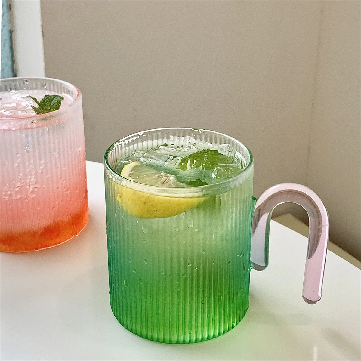 Korean Style Ins Style Colorful Vertical Pattern Glass Fresh Simple Couple Cup Household Tropical Handle Water Cup