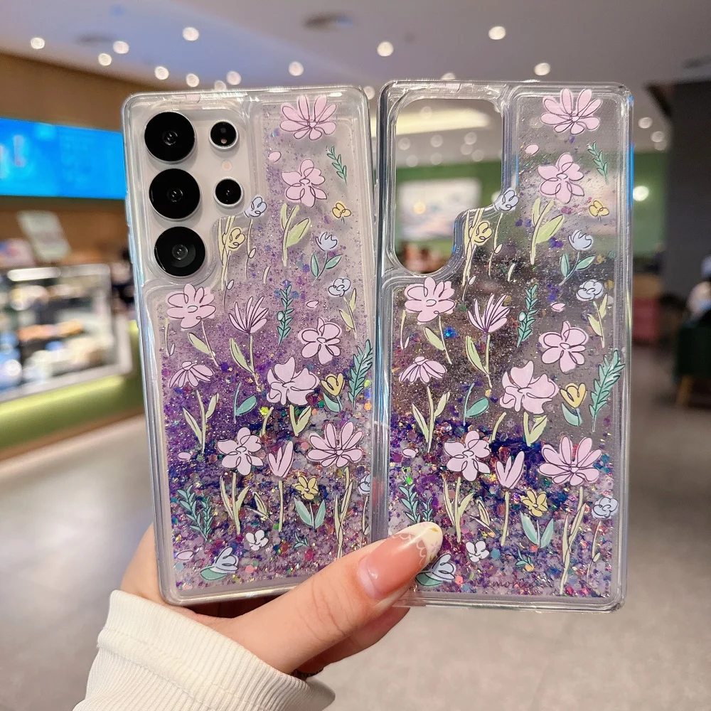 Purple Flowers Noctilucent Quicksand Glitter Shockproof Silicone Phone Case
