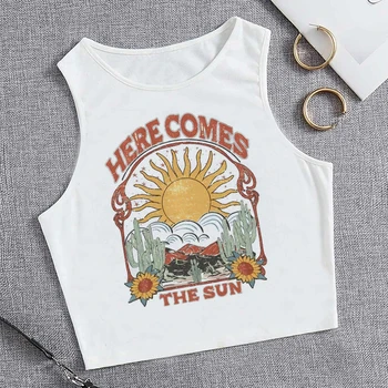 Cropped HERE COMES THE SUN Graphic Crop Tank Top Vest for Women Y2K Retro Geometric Sun & Floral Print Sleeveless Casual Top