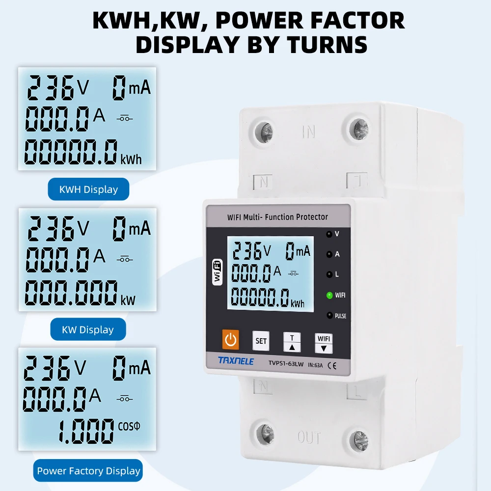 Interruptor de medidor de energía inteligente WiFi AC85-300V Pantalla en  tiempo real Interruptor de disyuntor inteligente Wifi Protecciones  múltiples 63A para el hogar ANGGREK Otros