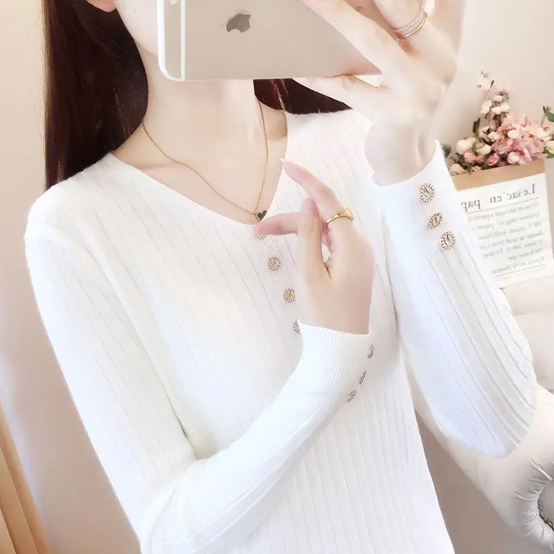 

V-Neck Thin Knitwear Top Women Short 2023 New Early Autumn Slim Long Sleeve Sweater Undercoat Women Spring and Autumn Pullover