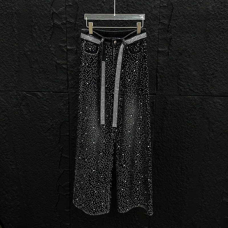 Good Quality Hip Hop Punk Rhinestone Black Jeans With Belt Men Vintage Casual Wide Leg Baggy Jeans Straight Pants