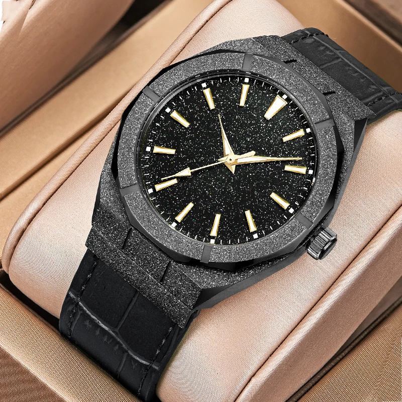 PINTIME Brand Matte Style Men Quartz Watch Star Dust Dial Bling Leather Strap Waterproof High Quality Frosted Watch For Men