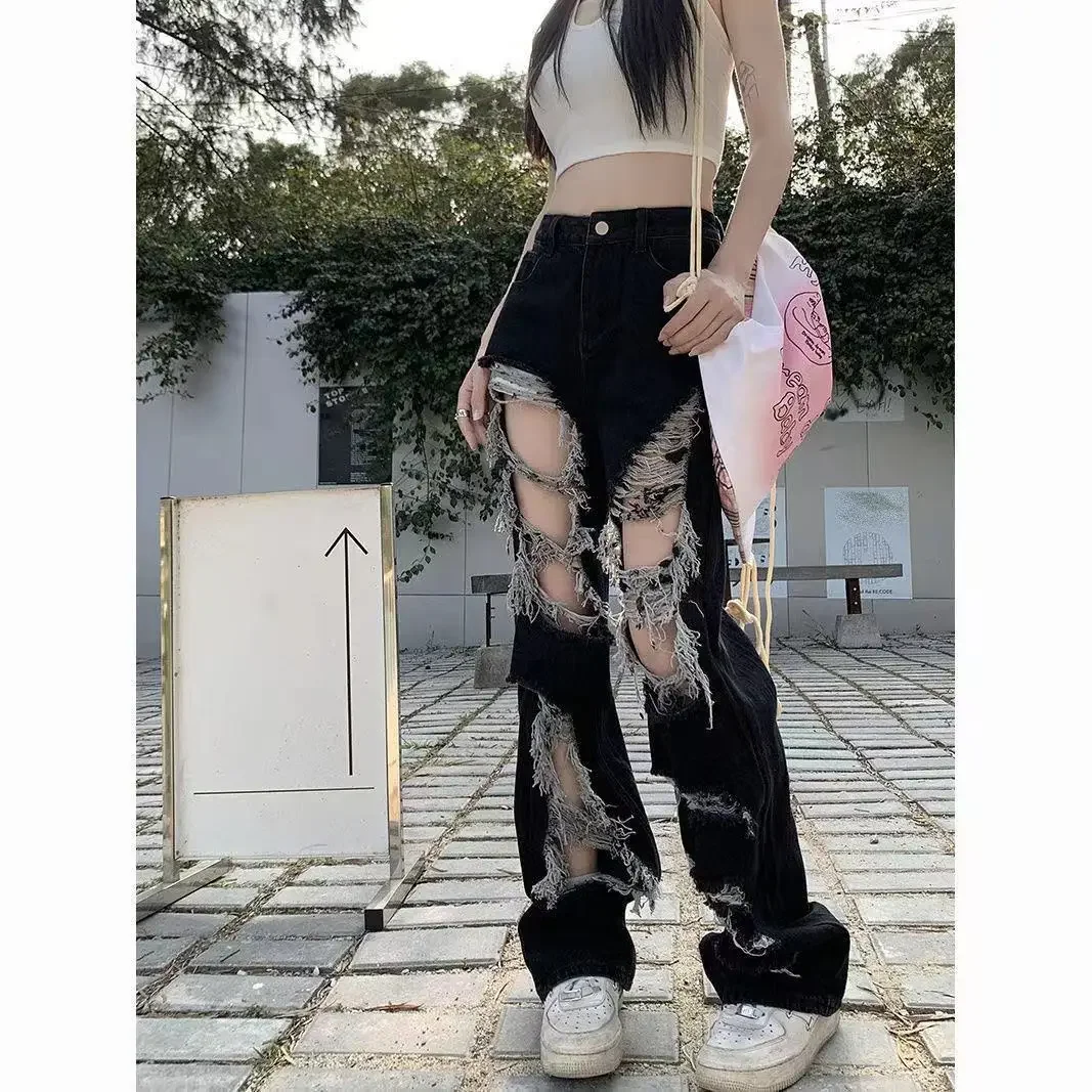 

American High Street New Broken Ripped Jeans Women Fashion Hip Hop High Waist Baggy Straight Wide Leg Pants Y2k Distressed Jenas